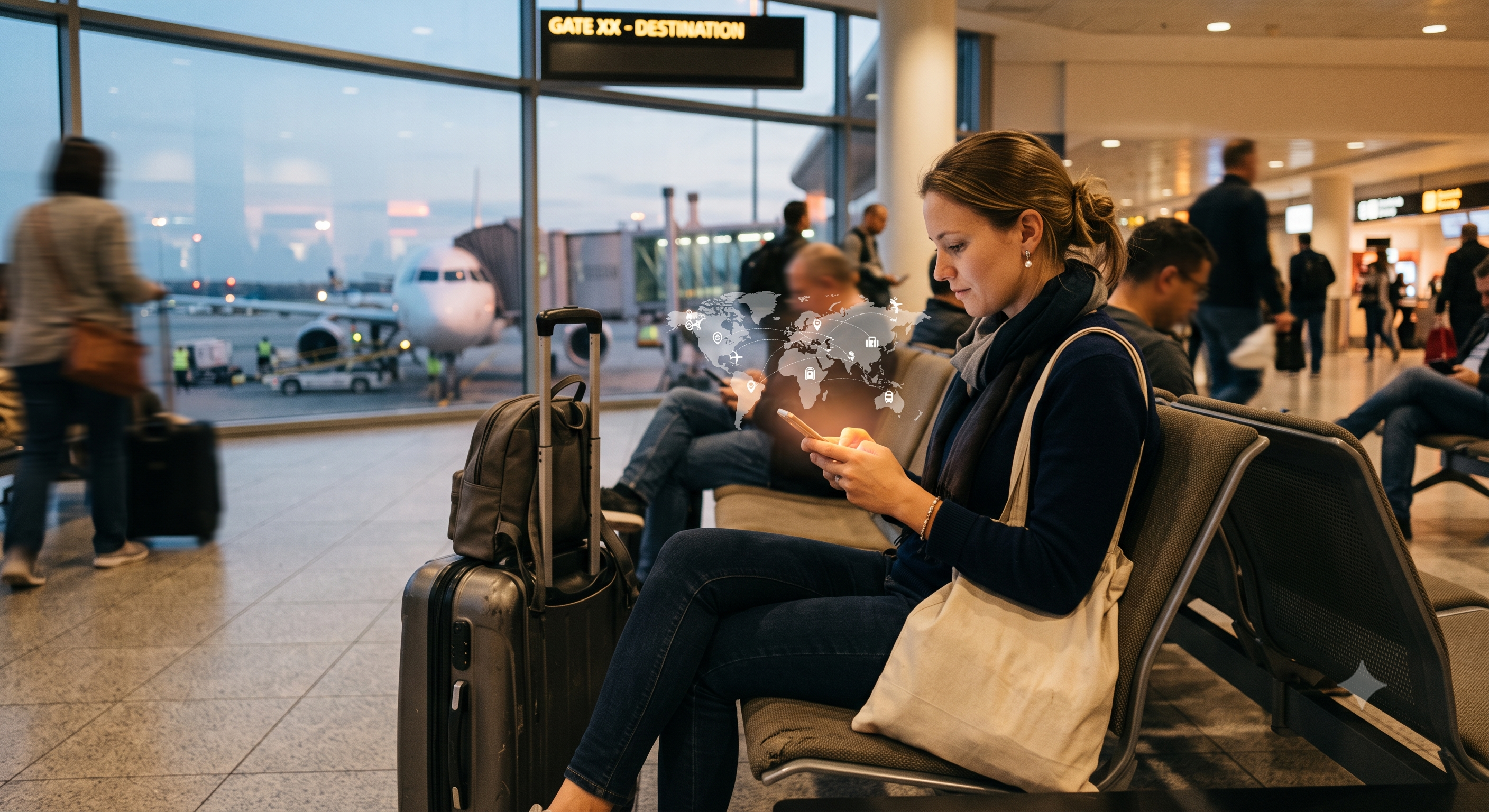Traveler at an airport gate checking a smartphone with a world map overlay