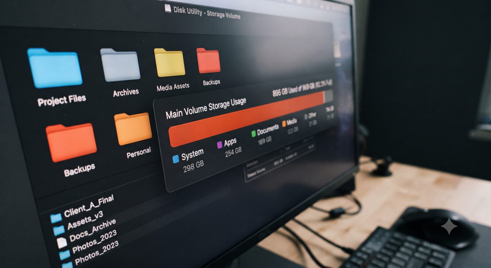 Computer screen showing disk storage usage nearly full
