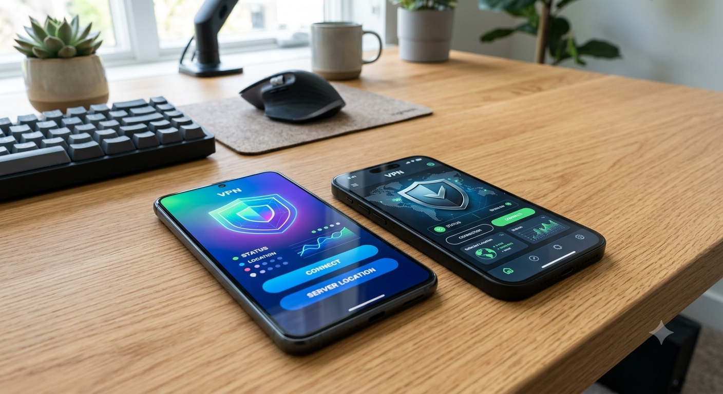 Two smartphones on a desk showing different VPN app interfaces, representing a VPN comparison