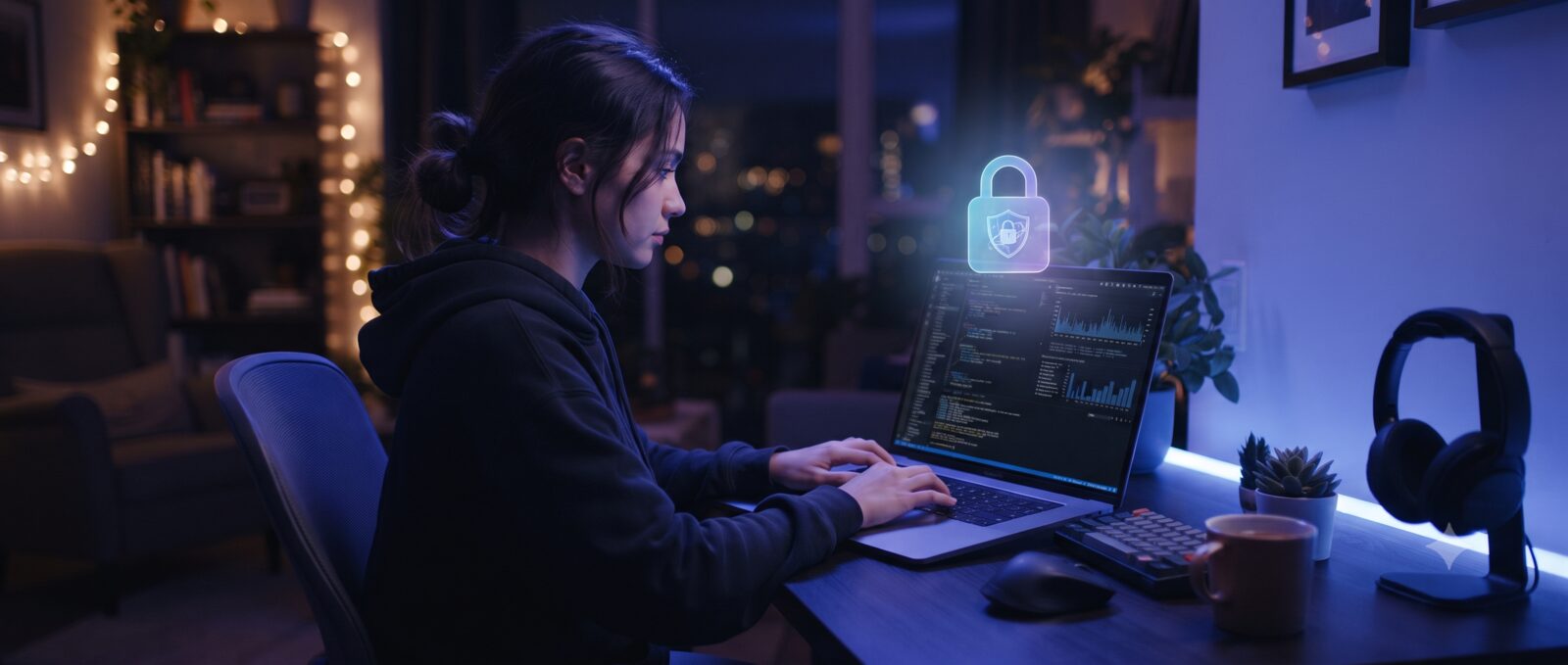 Person working on a laptop at night with a glowing secure connection icon