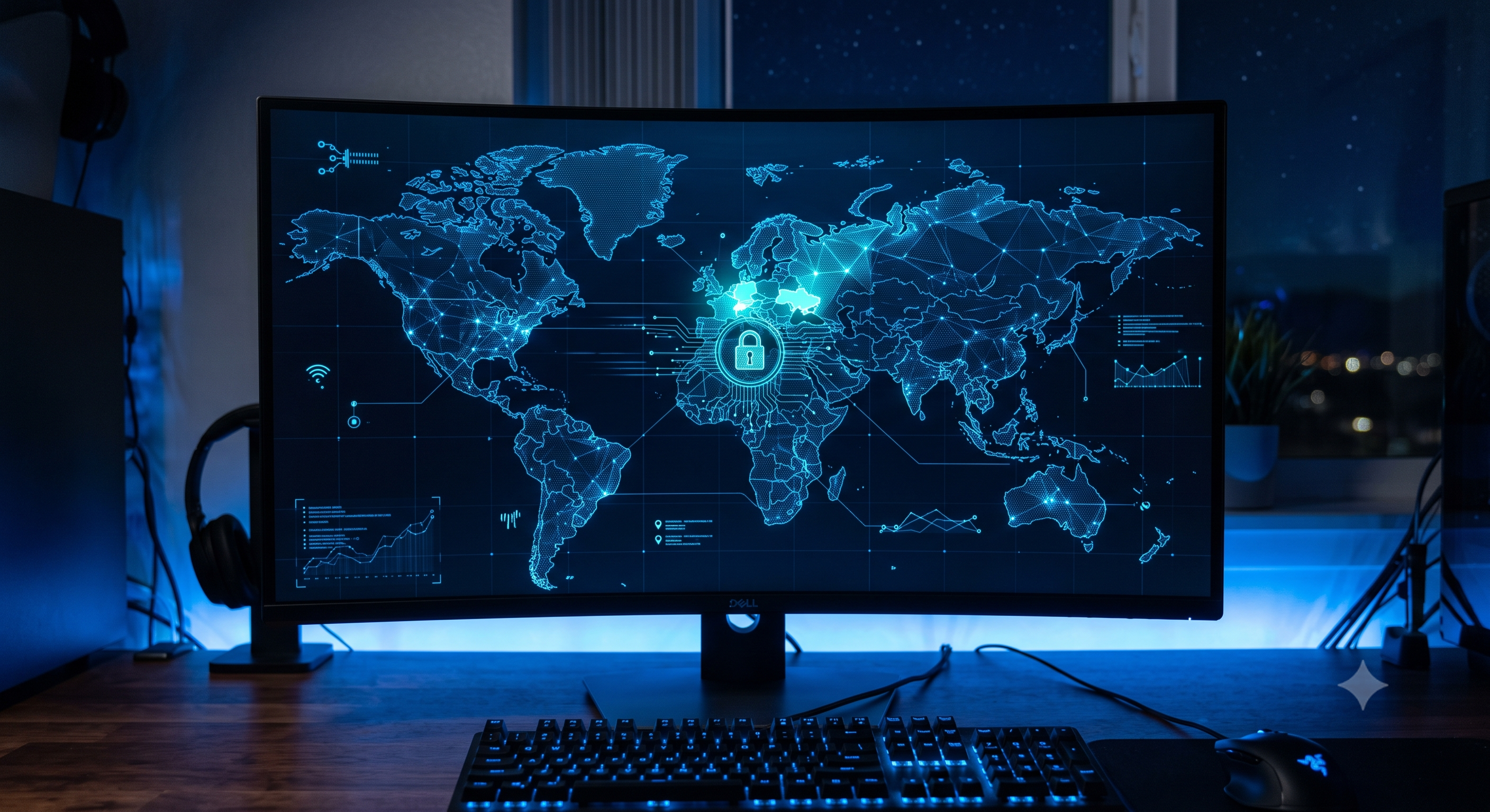 Stylized world map with a secure connection lock icon highlighting a European country