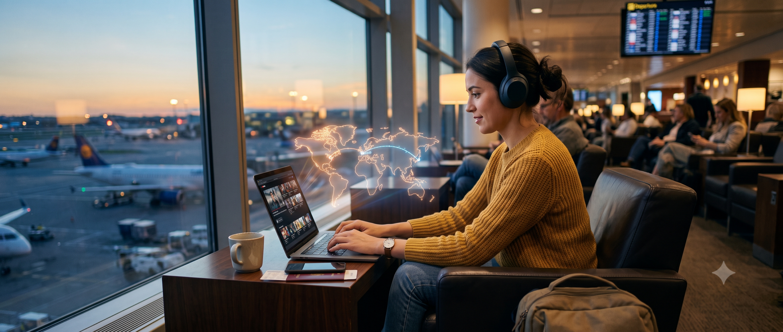 Traveler using a laptop in an airport lounge with a glowing world map overlay representing unblocking streaming content abroad