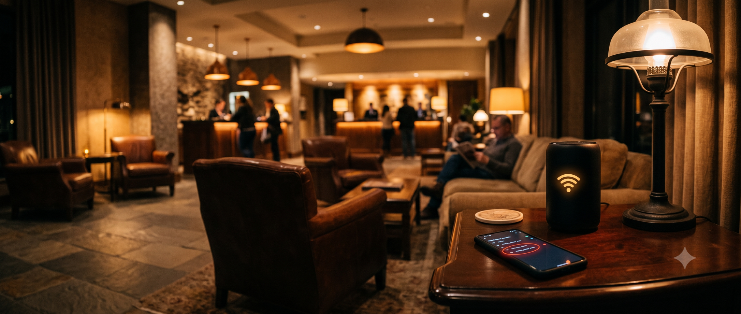 Hotel lobby wifi router with a phone showing a suspicious duplicate network warning representing fake wifi hotspot risk