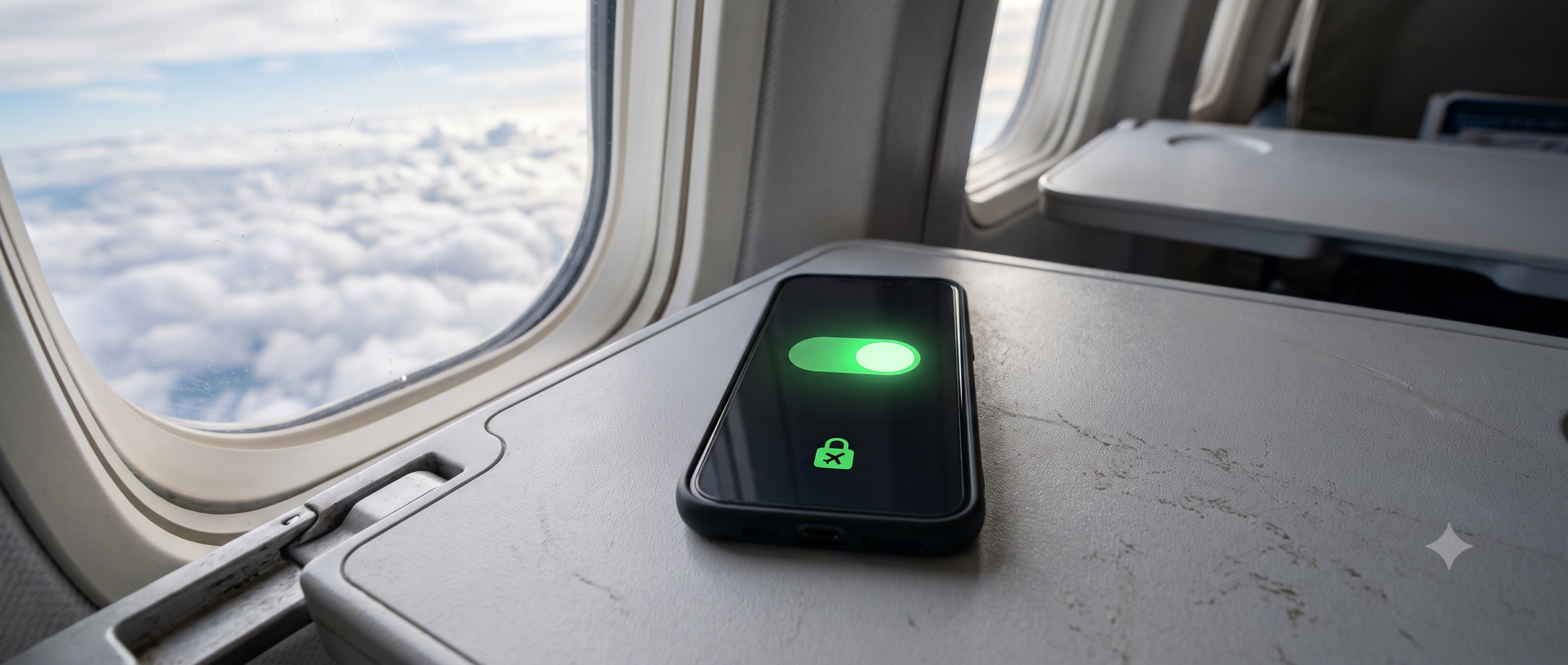 Smartphone on an airplane tray table with a kill switch toggle enabled before a flight