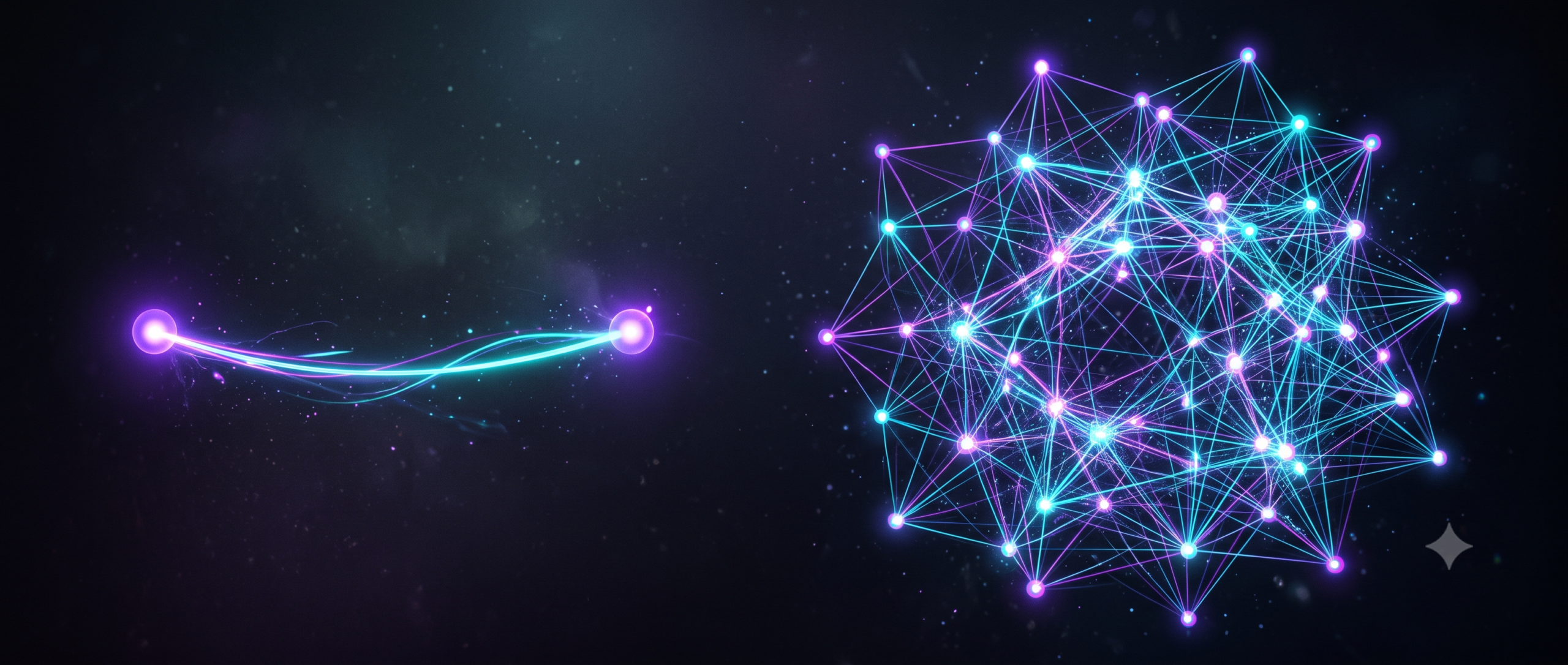 Abstract comparison of a simple two-point network connection versus a complex mesh network representing different VPN routing architectures