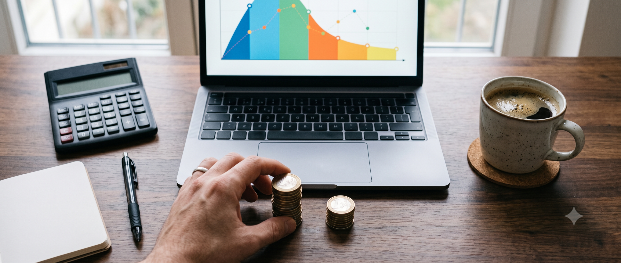 Desk with a calculator, laptop, and stacks of coins representing comparing VPN subscription pricing and value