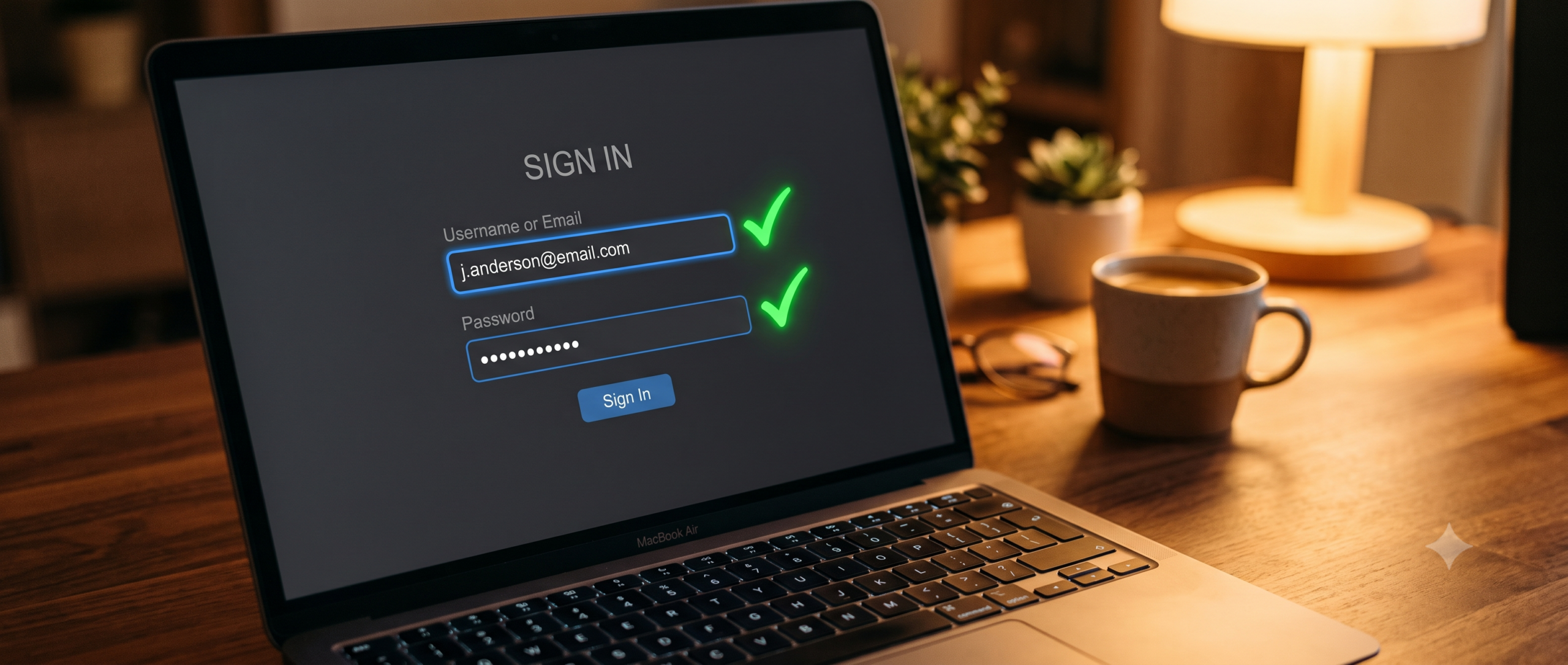 Laptop screen showing a login form being automatically filled in with checkmarks representing reliable password manager autofill