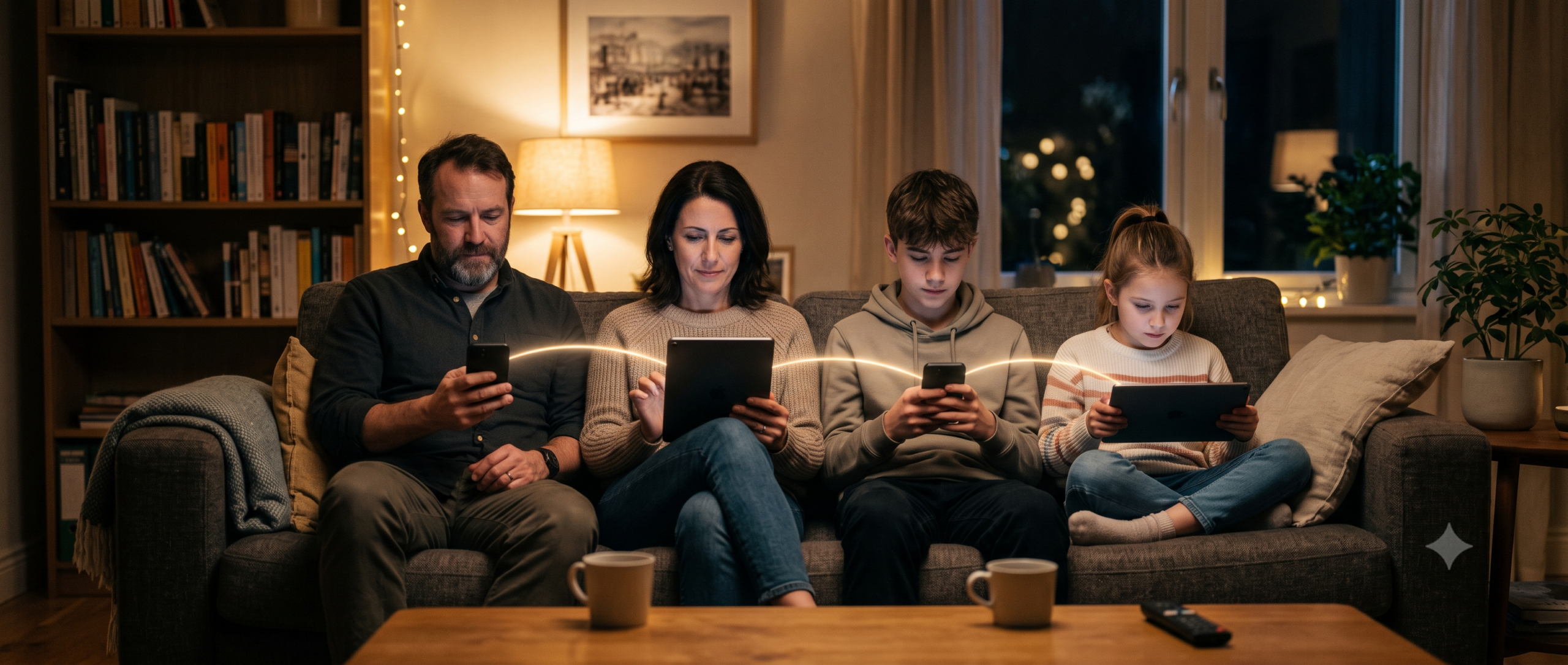 Family of four each using their own device connected together representing shared family password manager access