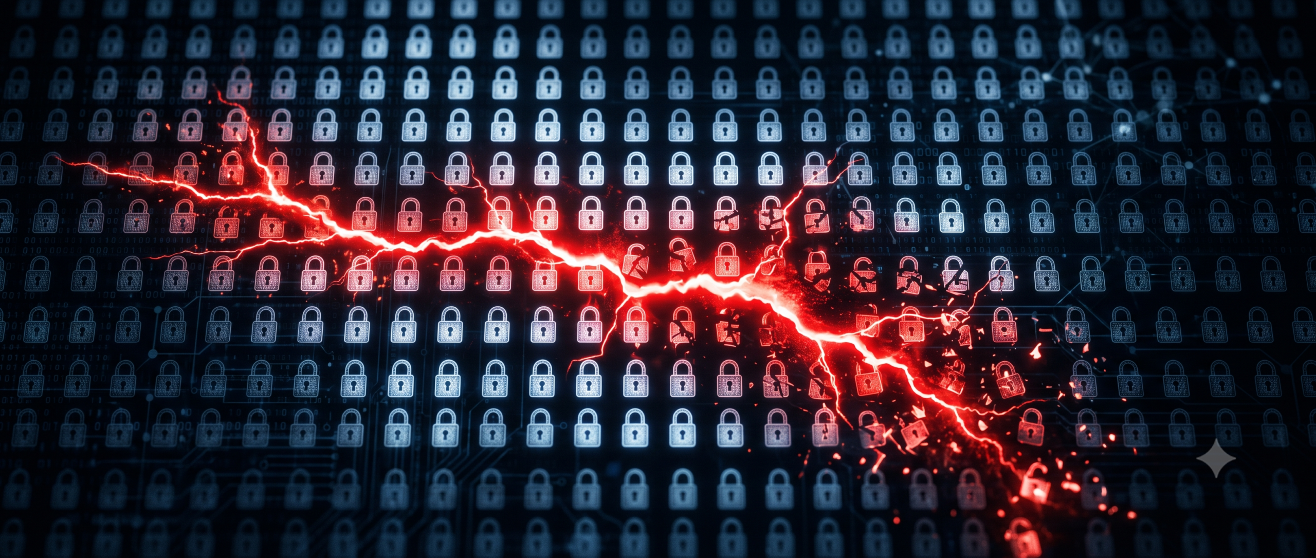 Abstract visualization of a data breach crack spreading across a grid of padlocks representing credential stuffing risk from reused passwords