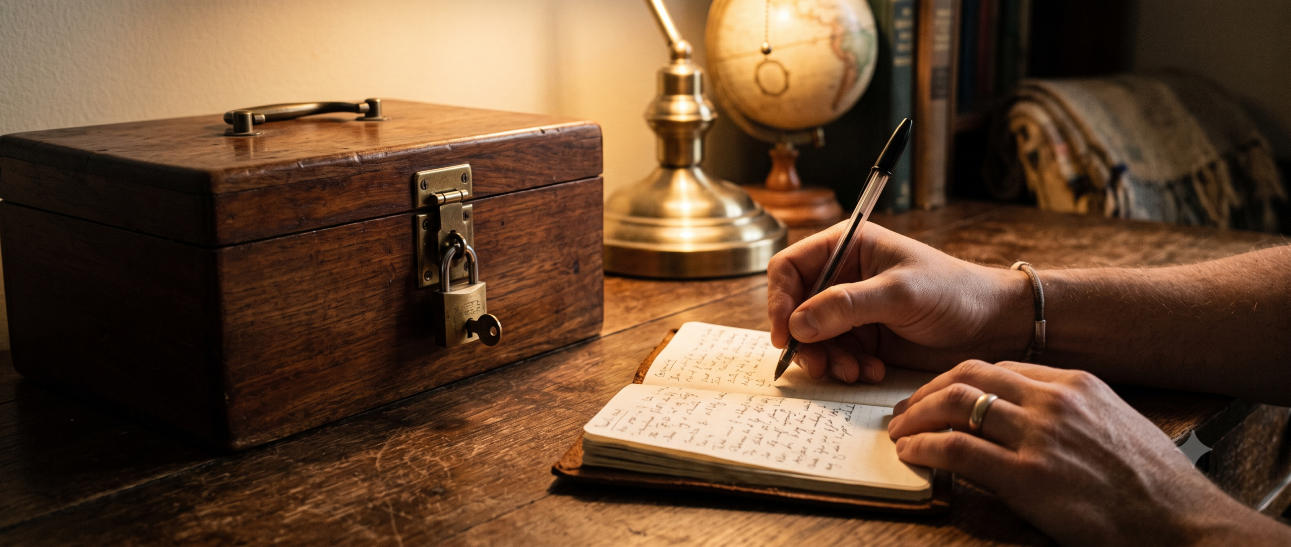 Hand writing in a notebook next to a locked box representing securely recording a master passphrase