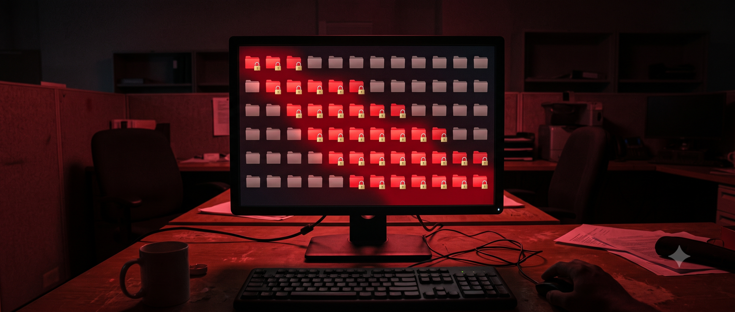 Computer monitor showing folder icons turning red and locked representing a ransomware attack encrypting files