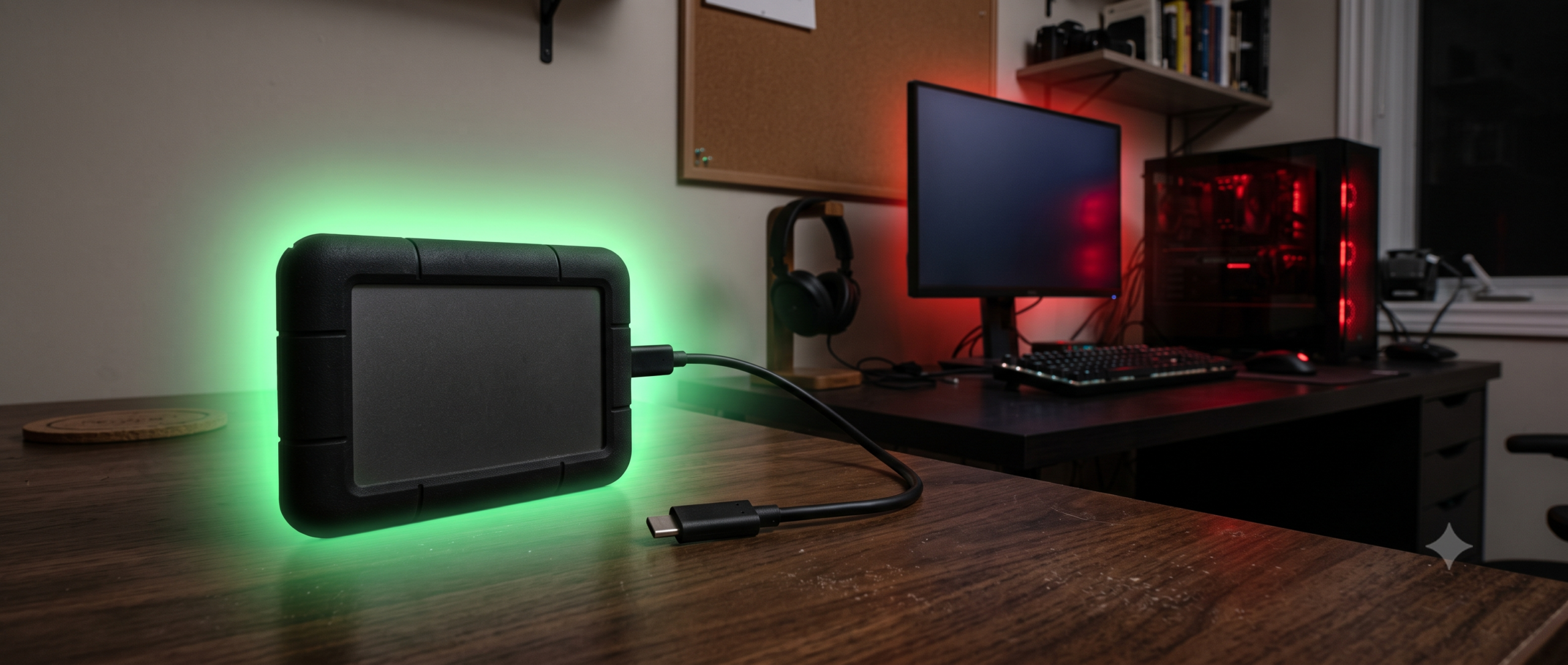 External hard drive glowing green and disconnected from an infected computer representing a safe ransomware-resistant backup