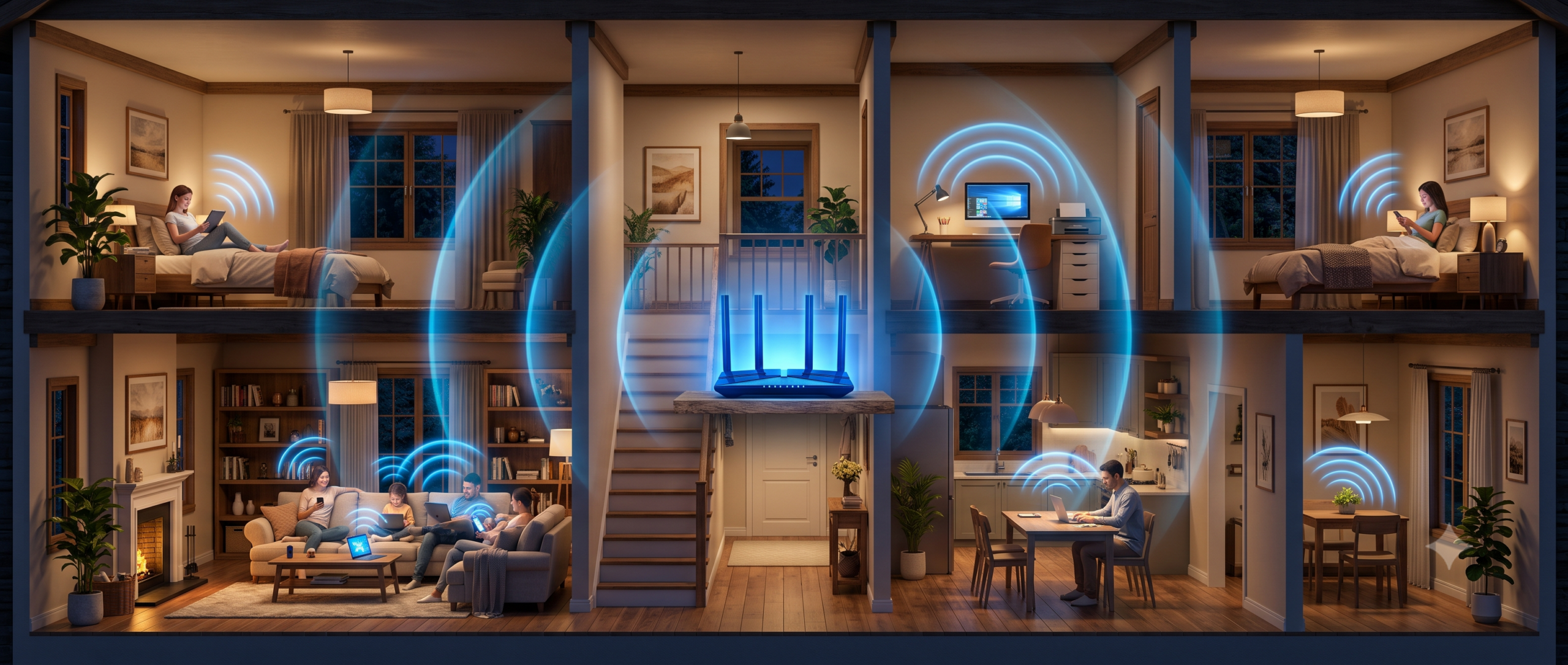 Cutaway house illustration showing wifi router signal reaching every room representing whole-home VPN network coverage