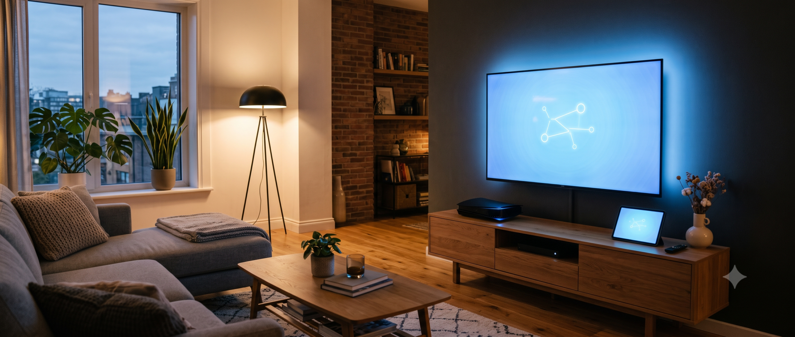Smart TV, game console, and tablet all glowing with a connection color representing multiple household devices protected simultaneously