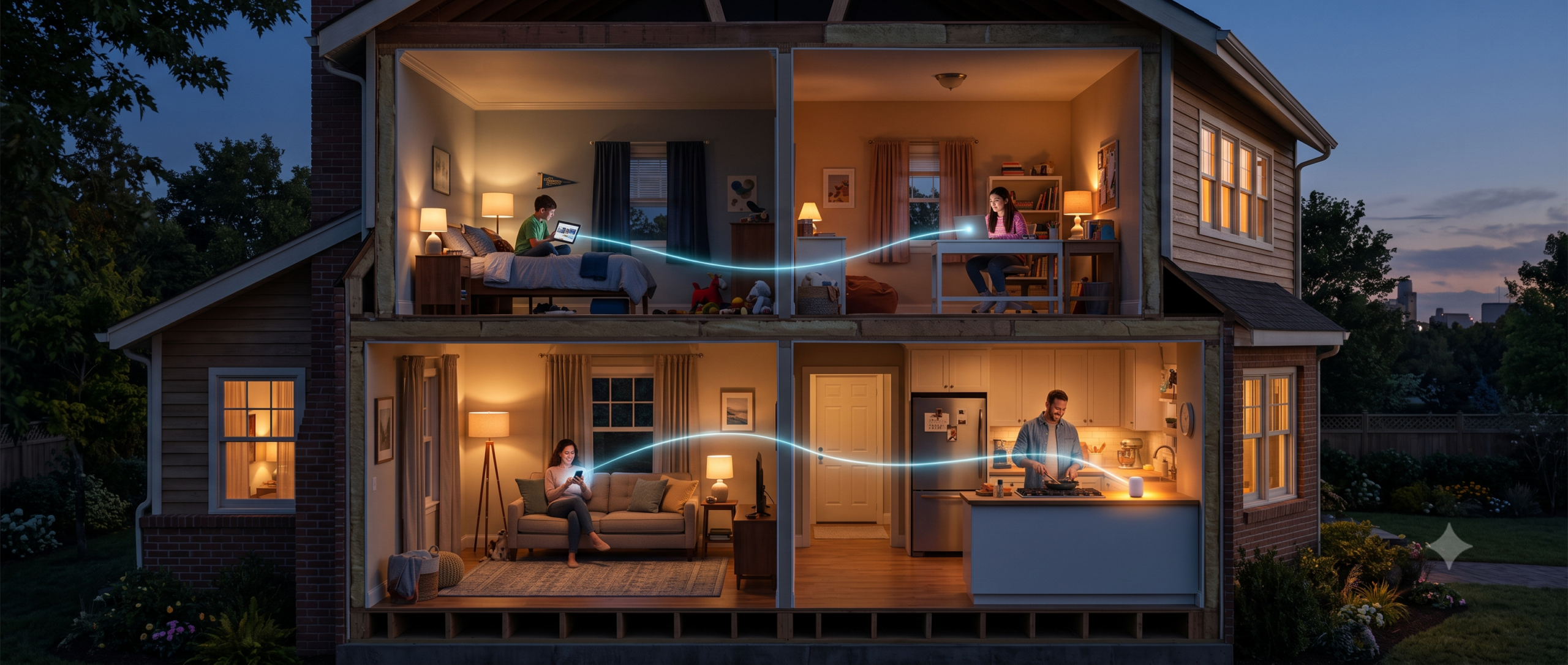Cross-section of a house showing family members in different rooms connected by a glowing thread representing unlimited device VPN coverage for a household