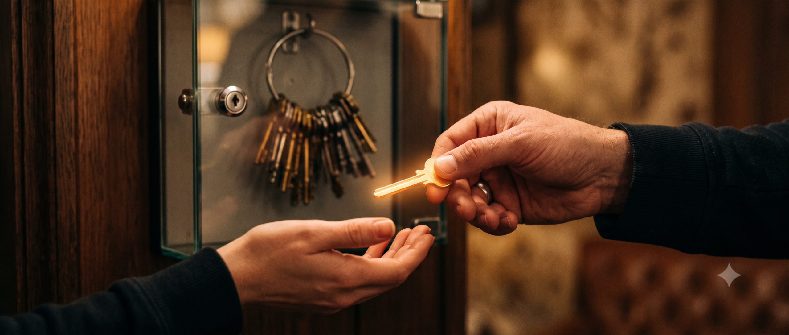 Hand passing a single key to another while a full ring of other keys stays locked away representing sharing one credential without exposing the full vault