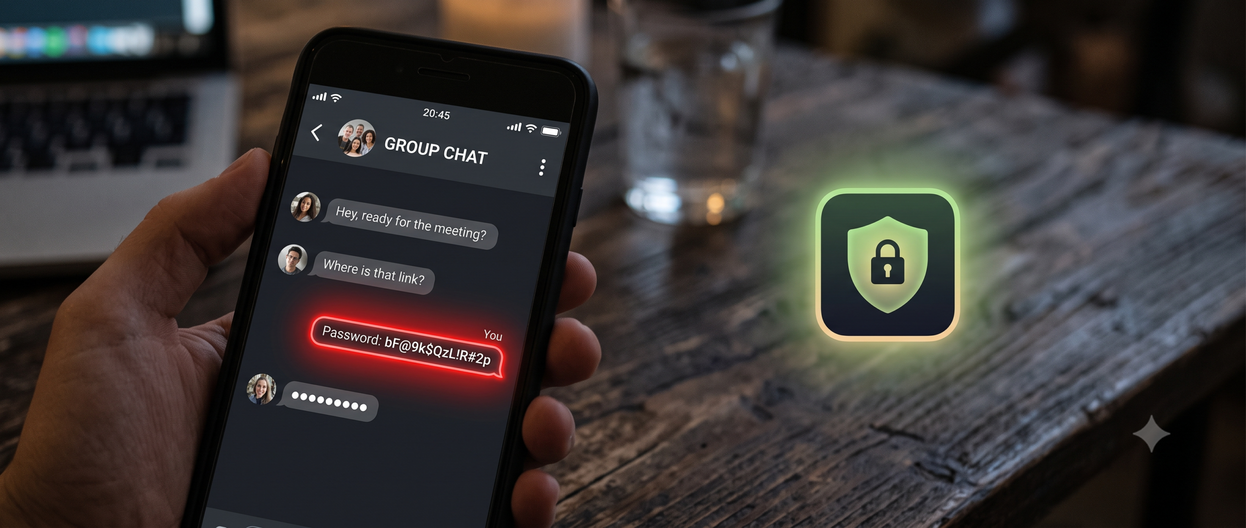 Phone showing a password sent in a group chat next to a secure app icon representing the risk of texting passwords versus sharing them securely