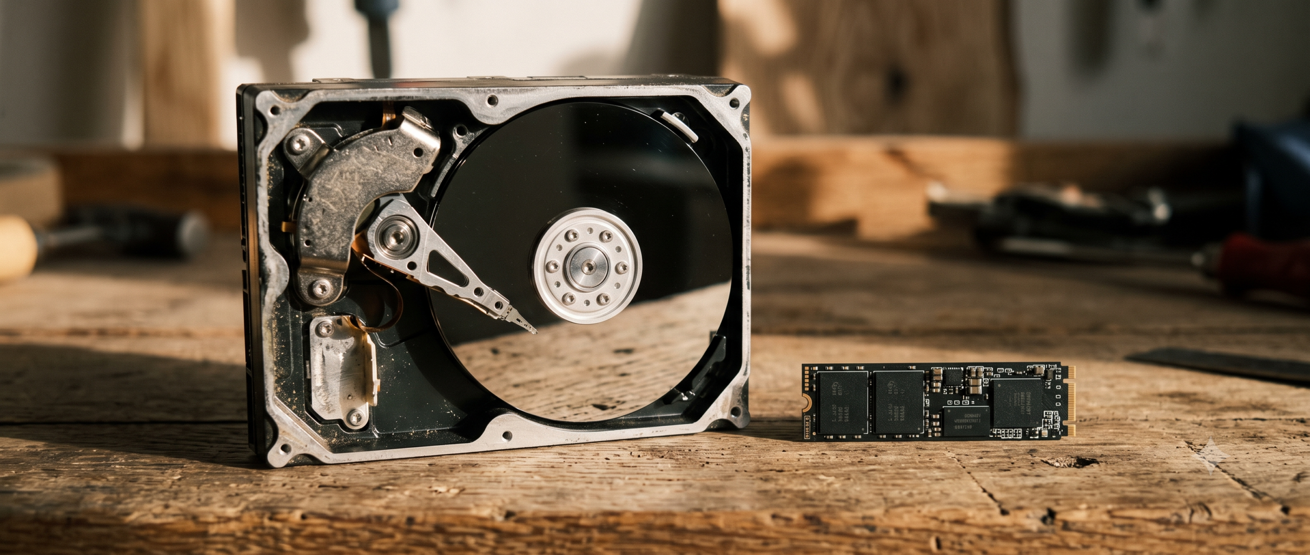 Side by side comparison of an old mechanical hard drive and a small modern SSD showing the size difference
