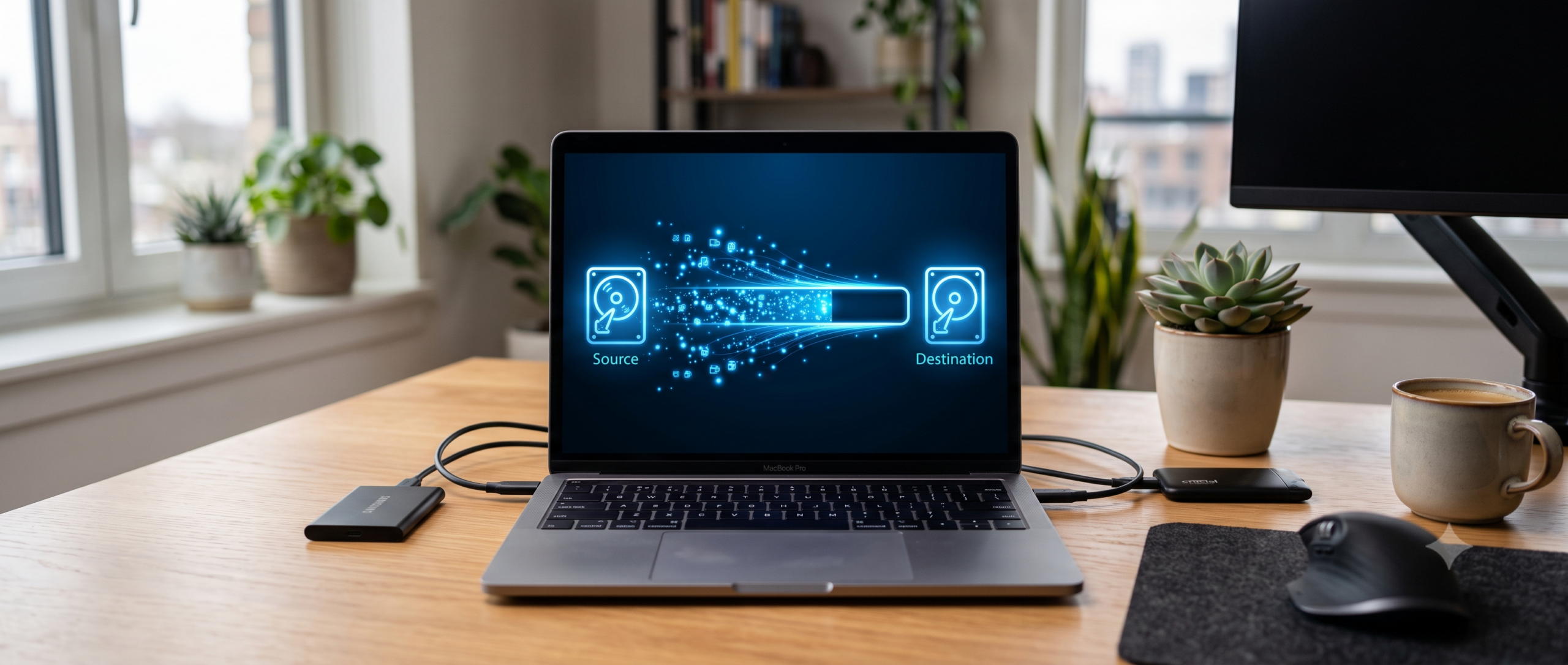 Laptop screen showing a data transfer progress visualization representing cloning a hard drive to a new SSD