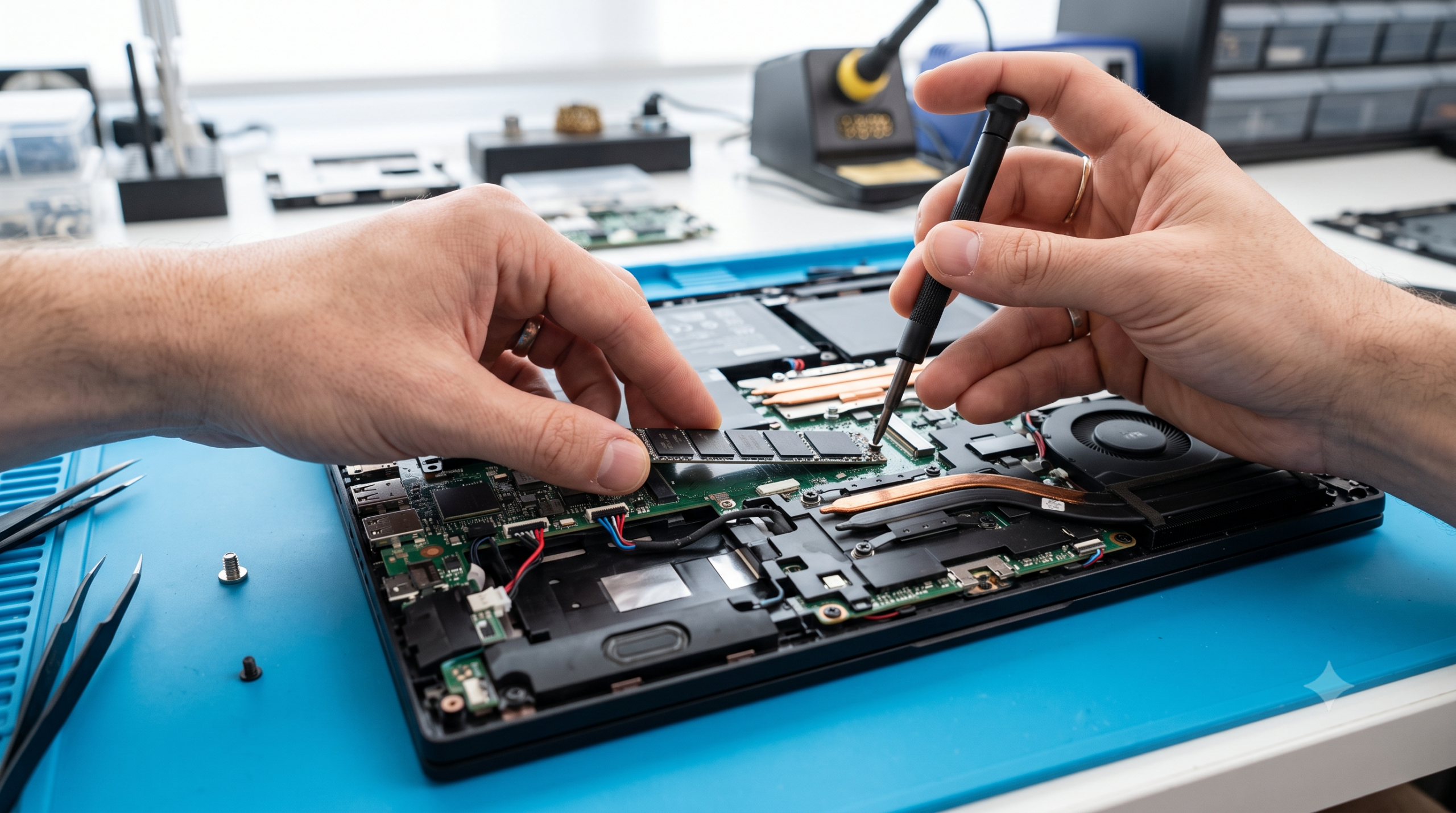 Hands installing a small SSD drive into an open laptop with a screwdriver nearby