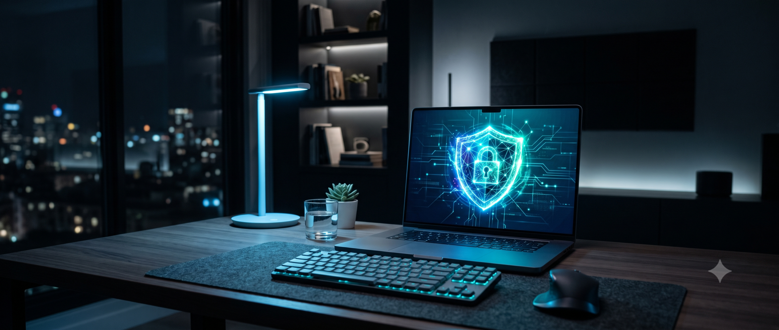 Laptop displaying a glowing digital shield icon representing VPN encryption protecting a home network