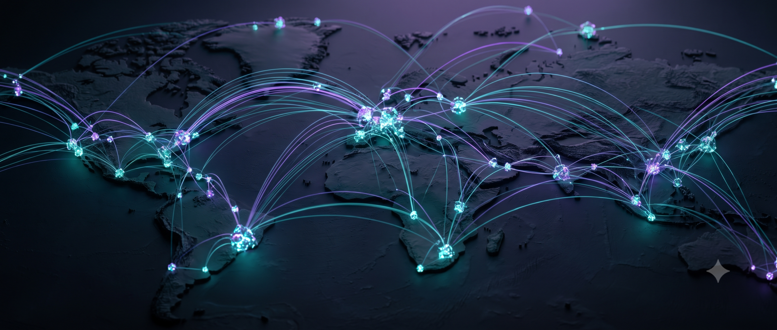 Abstract visualization of a global VPN server mesh network with glowing connection nodes across a world map
