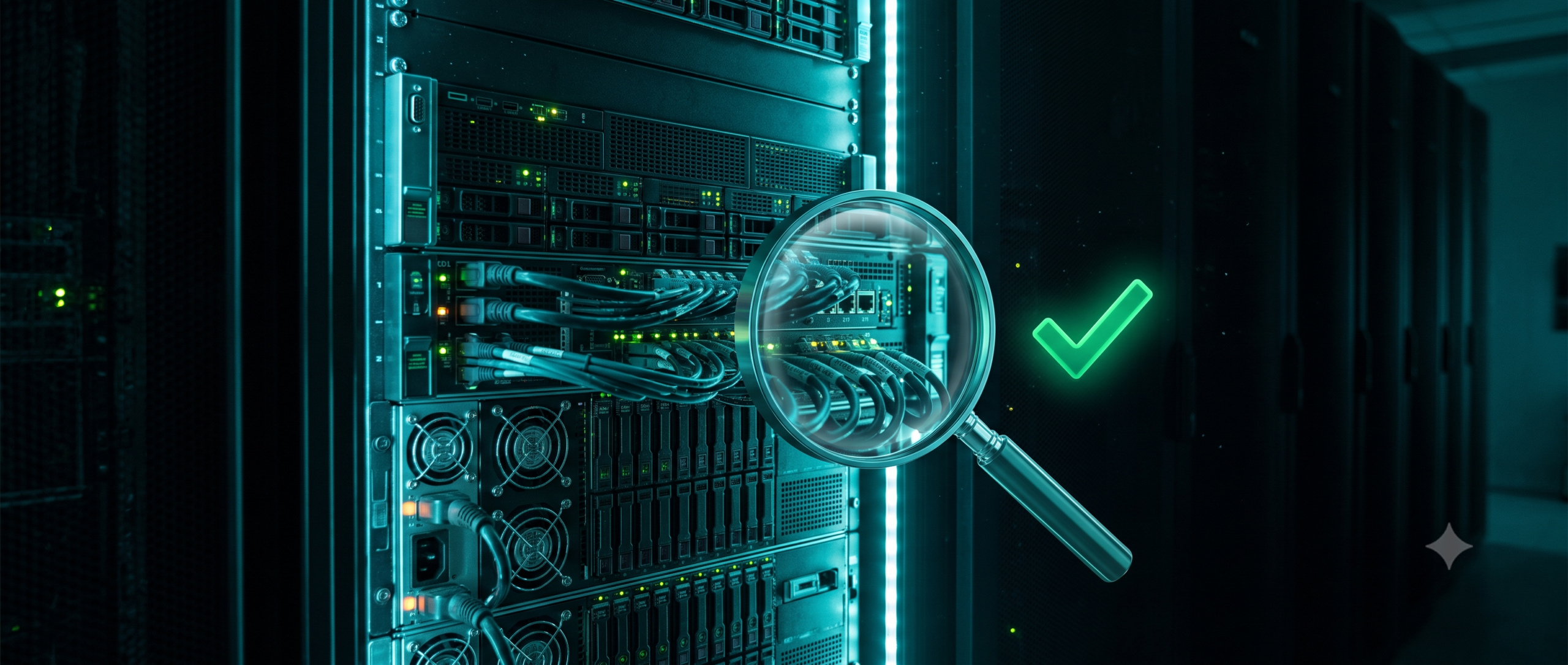 Data center server rack with a magnifying glass and checkmark representing an independent no-logs security audit