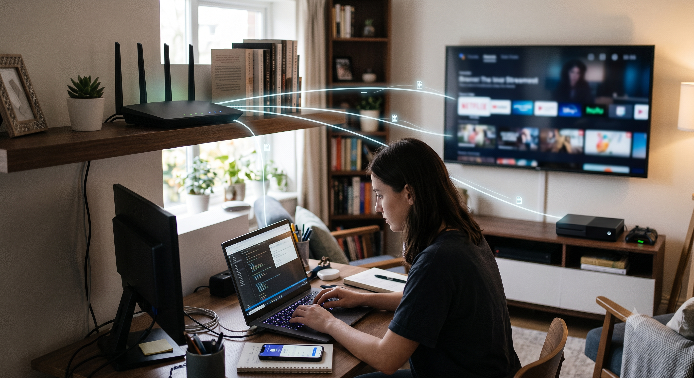 Home wifi router with multiple devices connected around a living room