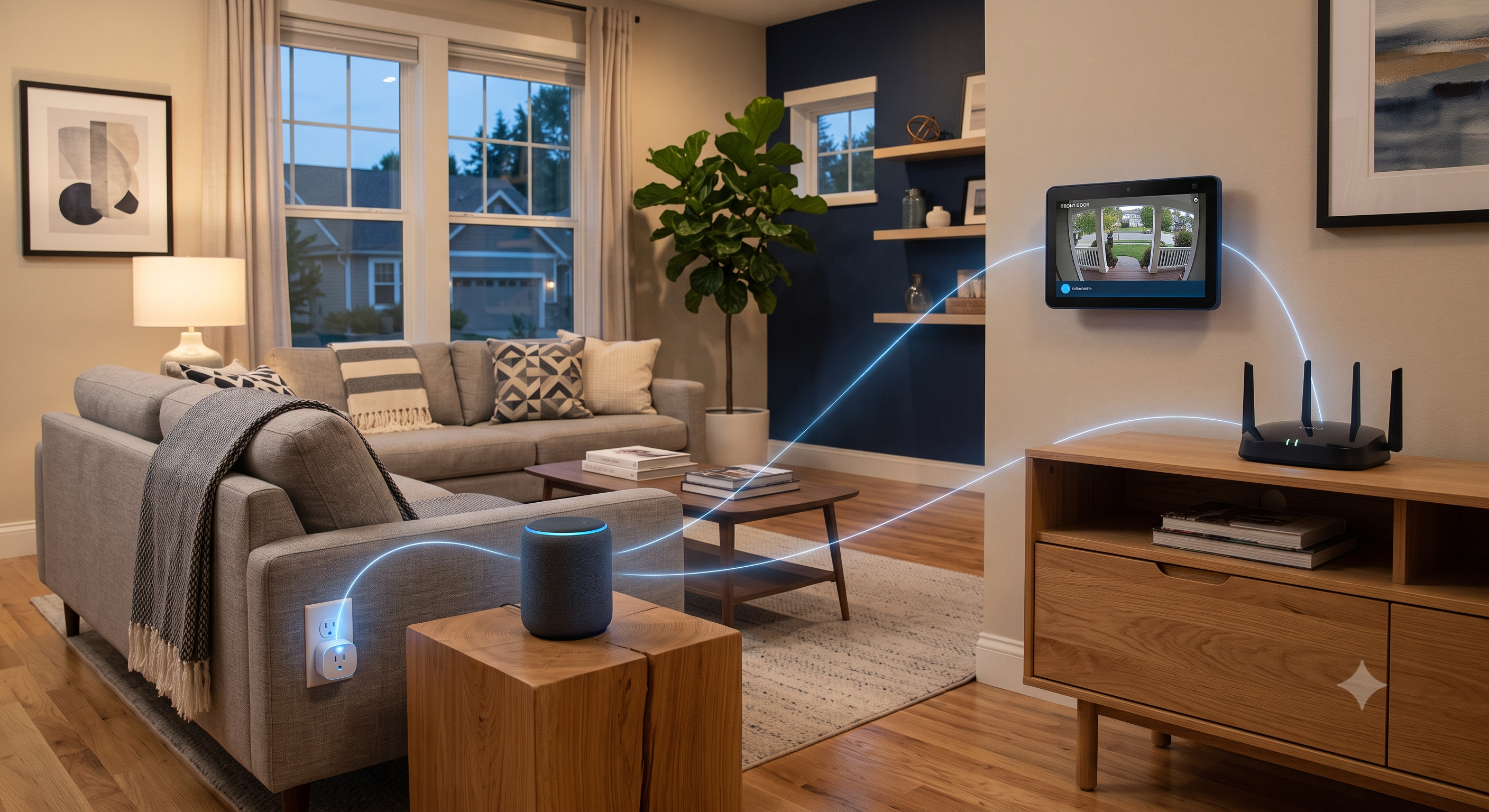 Modern living room with smart speaker, smart plug, video doorbell display, and router connected