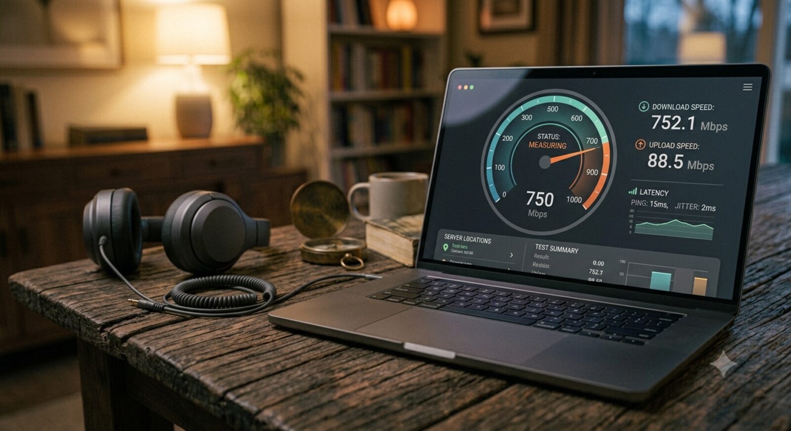 Internet speed test results on a laptop screen