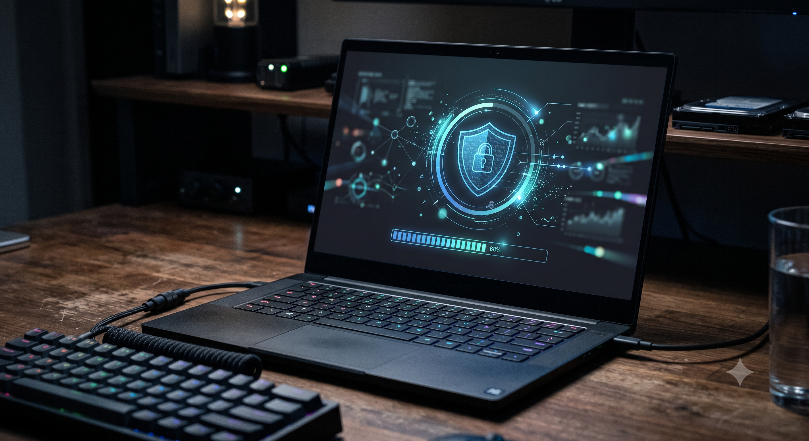 Laptop screen showing an abstract file-sharing download with a VPN shield icon overlay