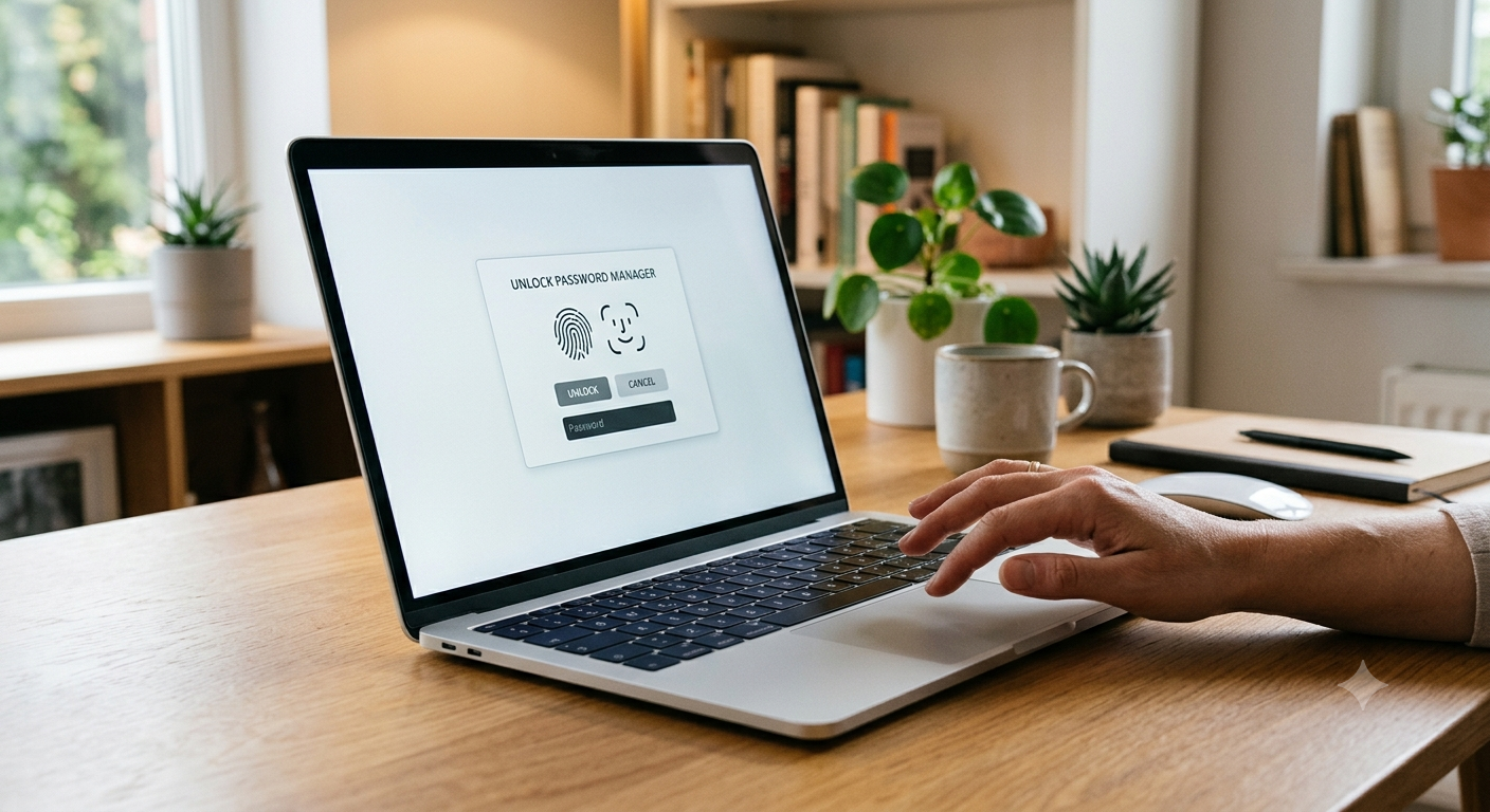 Laptop screen showing a password manager unlock prompt with a face-unlock icon