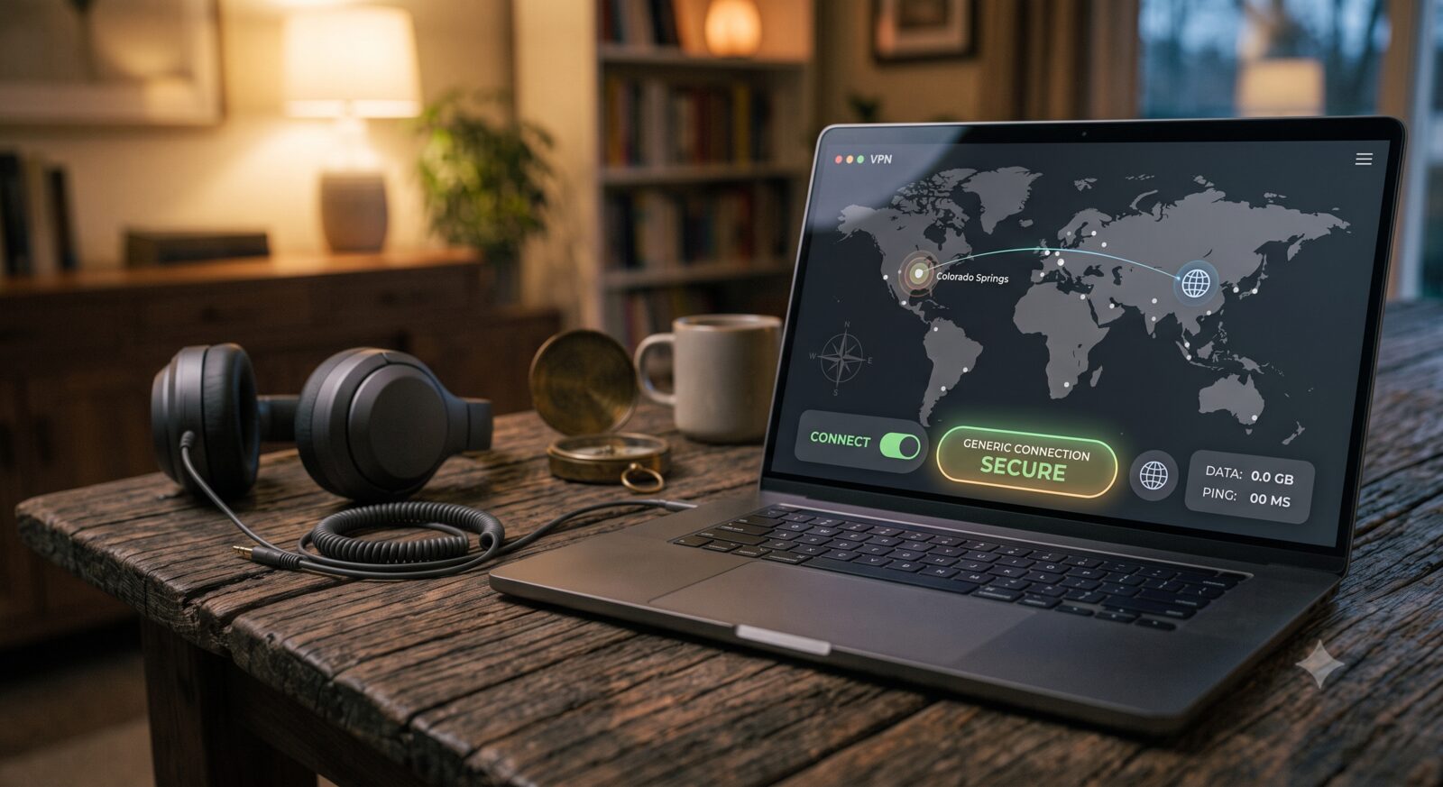VPN app showing a connection map on a laptop screen