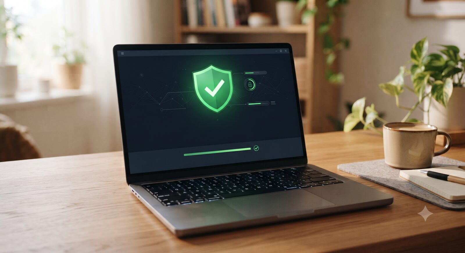 Laptop screen showing a glowing shield icon representing a completed antivirus scan