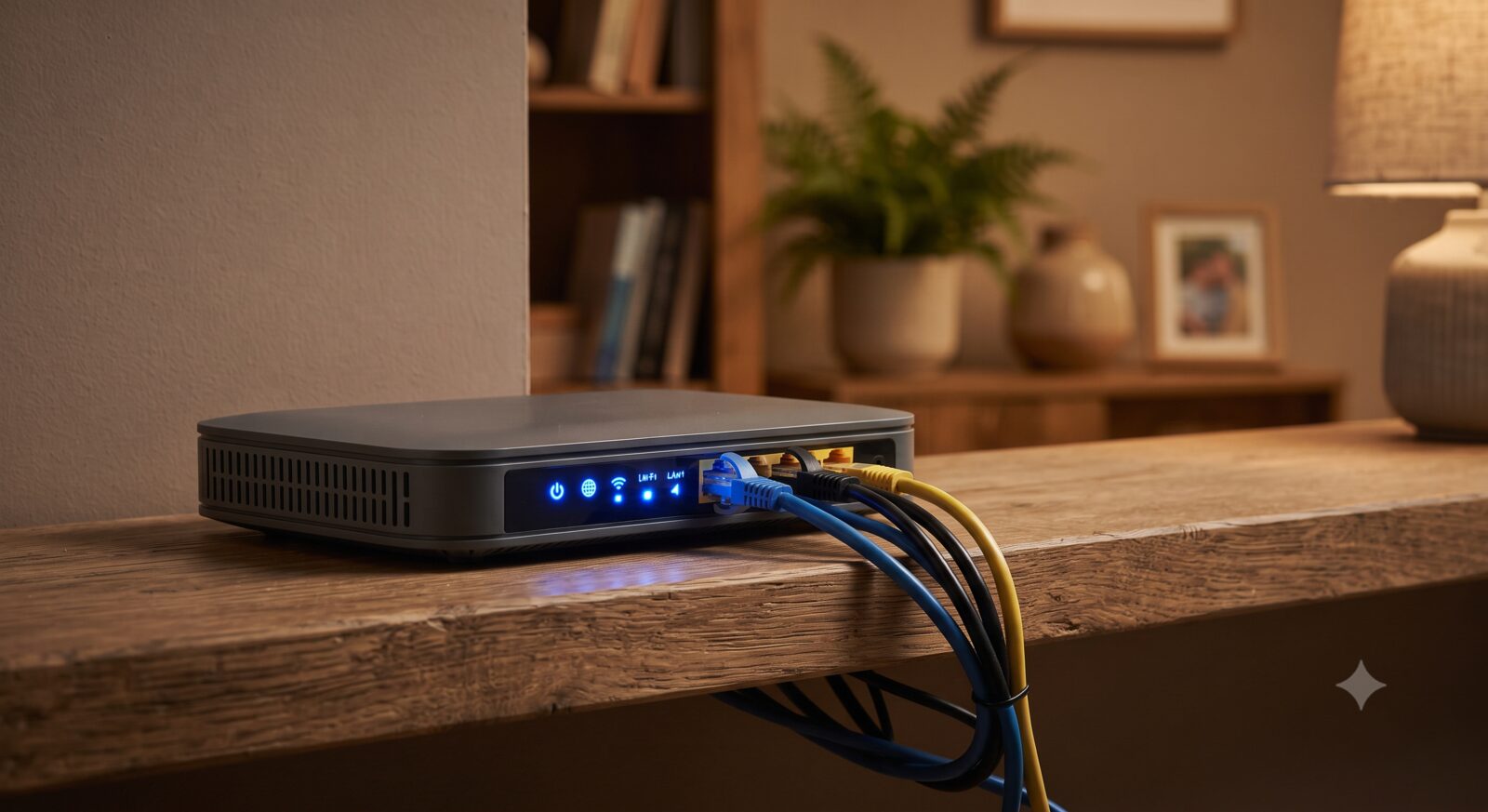 Close-up of a home router with ethernet cables plugged in and status lights on