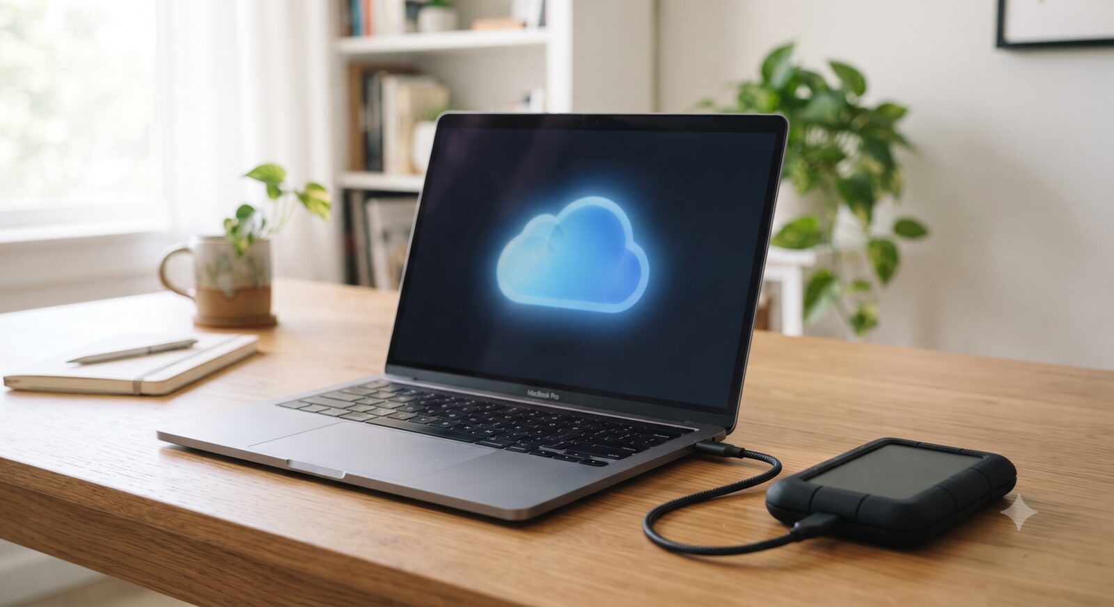 External hard drive connected to a laptop displaying a glowing cloud icon, representing local versus cloud backup